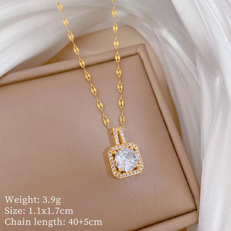 Titanium Steel Korean Fashion Square Diamond Necklace Female Smart Zircon Geometric Pendant Item Jewelry
