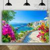 1pc Summer Greek Island themed polyester background fabric, sea and White House - suitable for birthday and wedding decorations