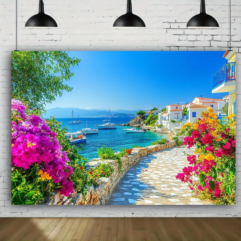 1pc Summer Greek Island themed polyester background fabric, sea and White House - suitable for birthday and wedding decorations