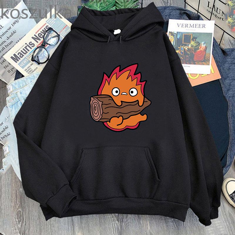 Howl's Moving Castle Calcifer Hettegensere Løs Fleece Hettegenser Tegneserie Calcifer Vintage Pullovers Gensere Vinter Dame Streetwear