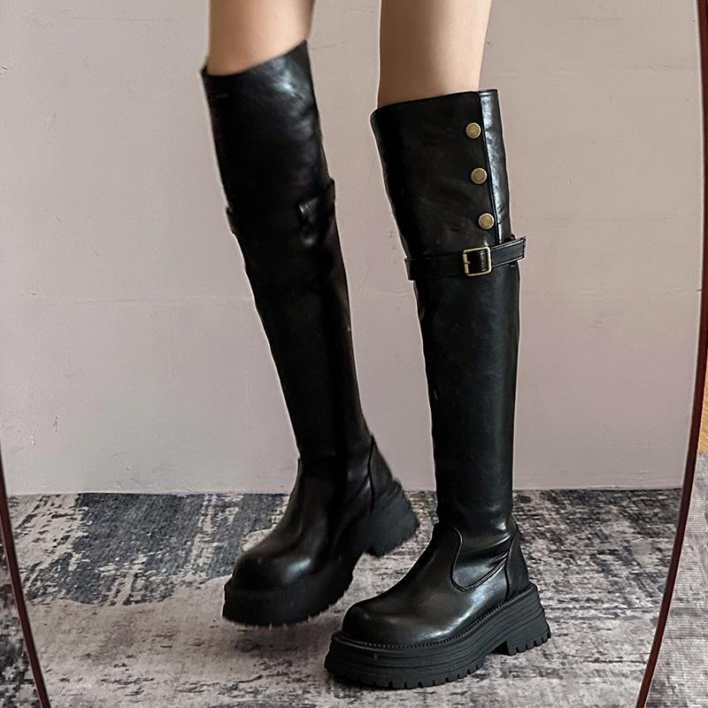 Popular Retro 2025 Autumn and Winter Trend Two Wear Folded Platform Western Boots Thick Heel Knee Boots Knight Boots