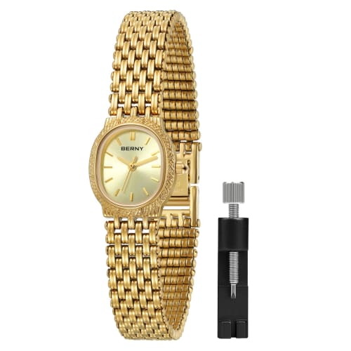 BERNY Women's Gold Quartz Watch with a Small Oval Design, 3 ATM Water Resistance, and a Japanese Movement with a Convenient Adjustment Tool