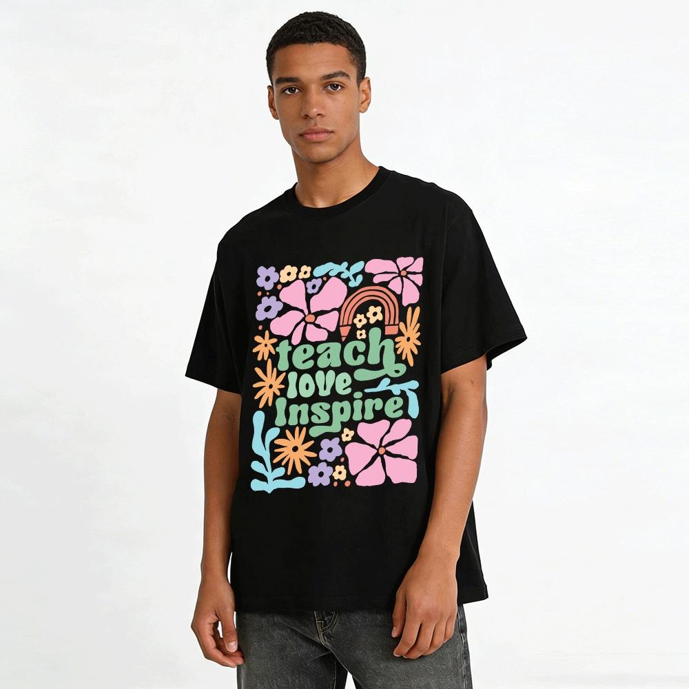 Teach Love Inspire Floral Rainbow Print Casual Teacher T-Shirt Pure cotton T-shirt