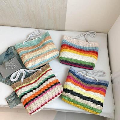 Casual Beach Handbag Strip Weave Bag Large Capacity Lazy Style Rainbow Beach Bag Bohemian Style Hollow Tote Bag Streetwear