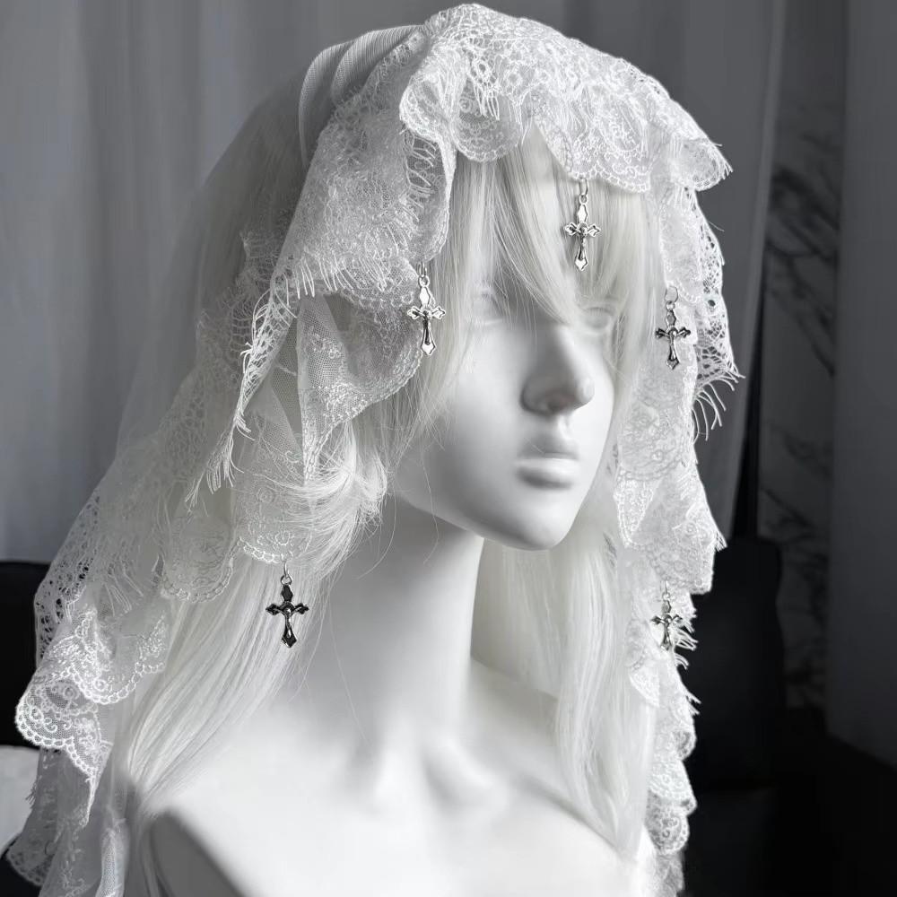 Gothic Style Lolita Tulle Head Cover Cross Pendant Lolita Lace Veil Y2K Wedding Veil Women