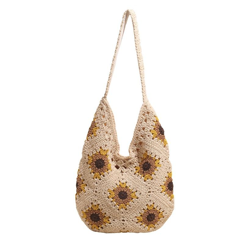 2025 spring new cotton crochet hollow tote bag woven shoulder women's bag straw armpit bag