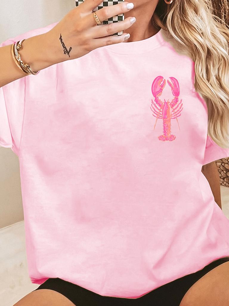 Women's Cotton Lobster  Lemon Slice Graphic T-Shirt Short Sleeve Summer Top Tee Adies Beach Wear