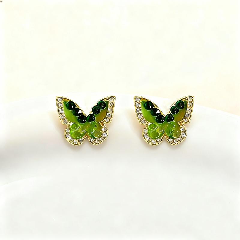 Gradient Color Green Crystal Stone Edged Butterfly Stud Earrings Fashion High-End Versatile Trendy Ear Jewelry