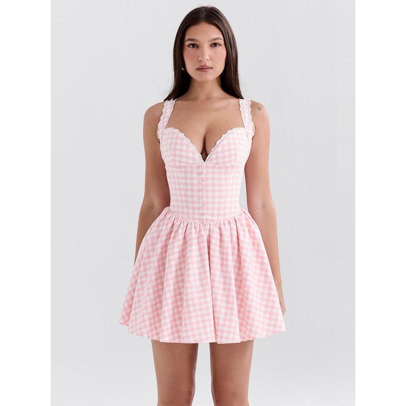 House Same Style Super Fairy Princess French Sweet Anti-Aging Powder Grid Lace Sling Dress Deep V Pure Desire Slim Looking Dress