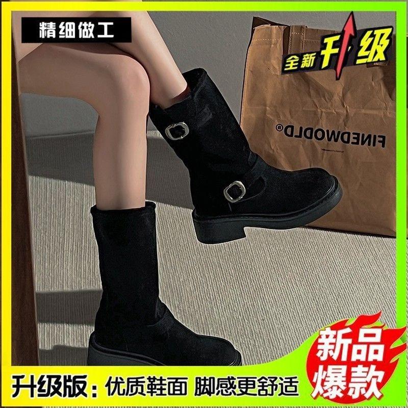 Thick-soled Martin Boots Women's 2025 Autumn New Retro Mid-tube Western Stacking Boots Belt Buckle Metal Locomotive Short Boots