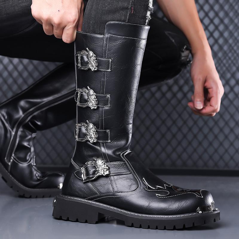 Large Size European Winter Martin Boots Men's High-top British Style Tooling Boots Riding Side Zipper Locomotive Leather Boots