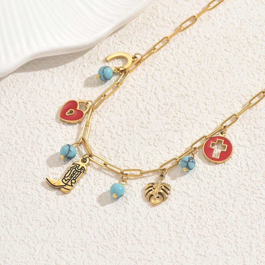 Fashion Style Women's Geometric Necklace, Niche Drip Oil Elements Inlaid with Turquoise Design Collarbone Chain