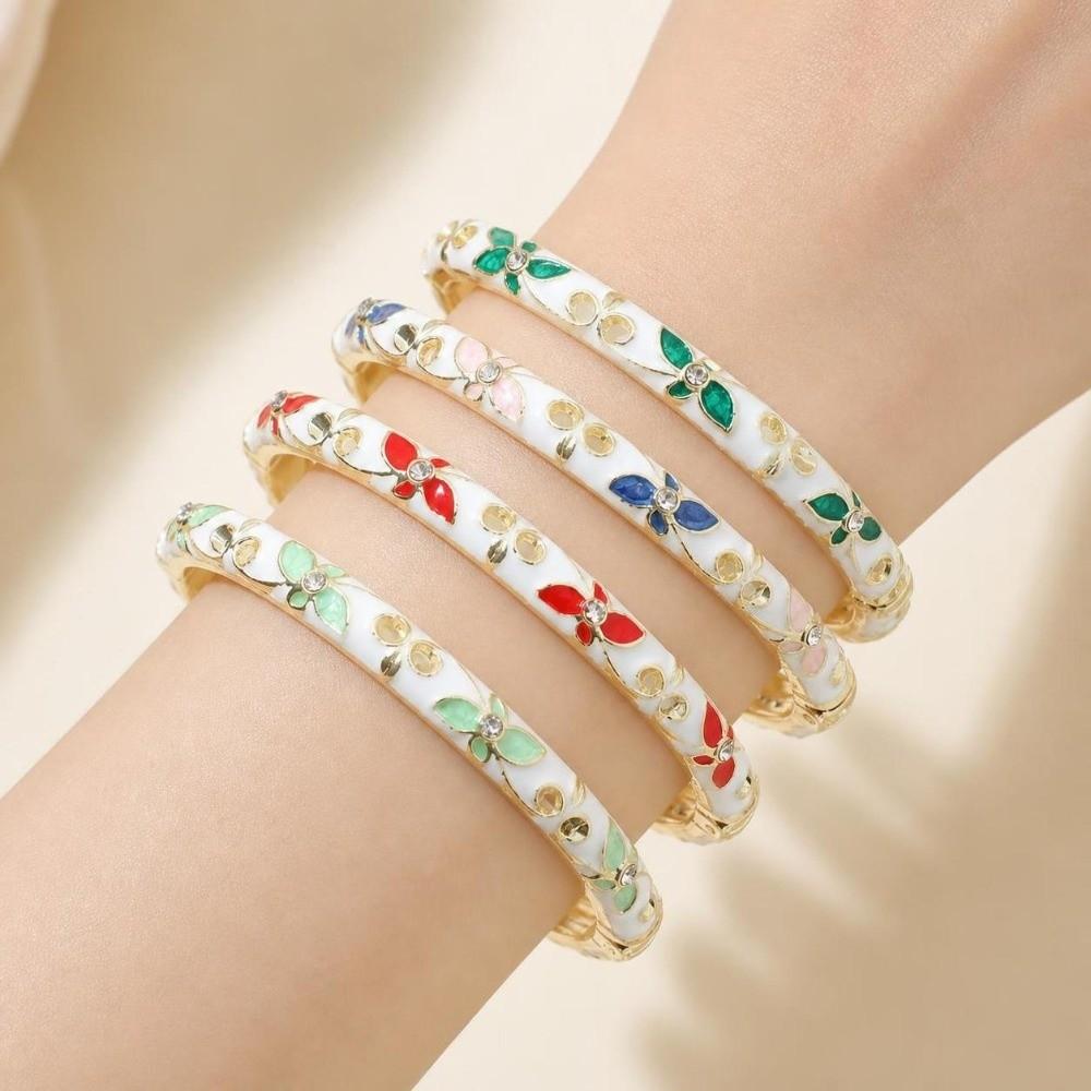 Elegant Open Cuff Bracelet Chinese Style Women's Floral Bracelet Enamel Flower Bangle Bride