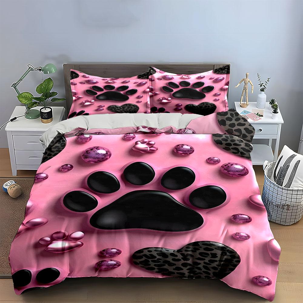 Pet Paw Prints Decorative Set Soft Skin-Friendly Bedding Set Includes 1 Duvet Cover And 2 Pillowcase Gift