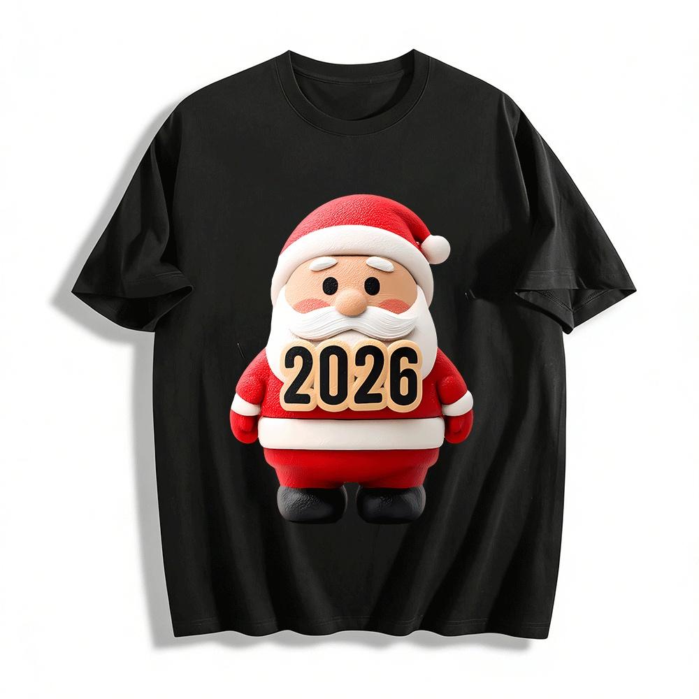 2026 Christmas Themed Santa Claus Print Casual Crewneck Top Pure cotton T-shirt XXS