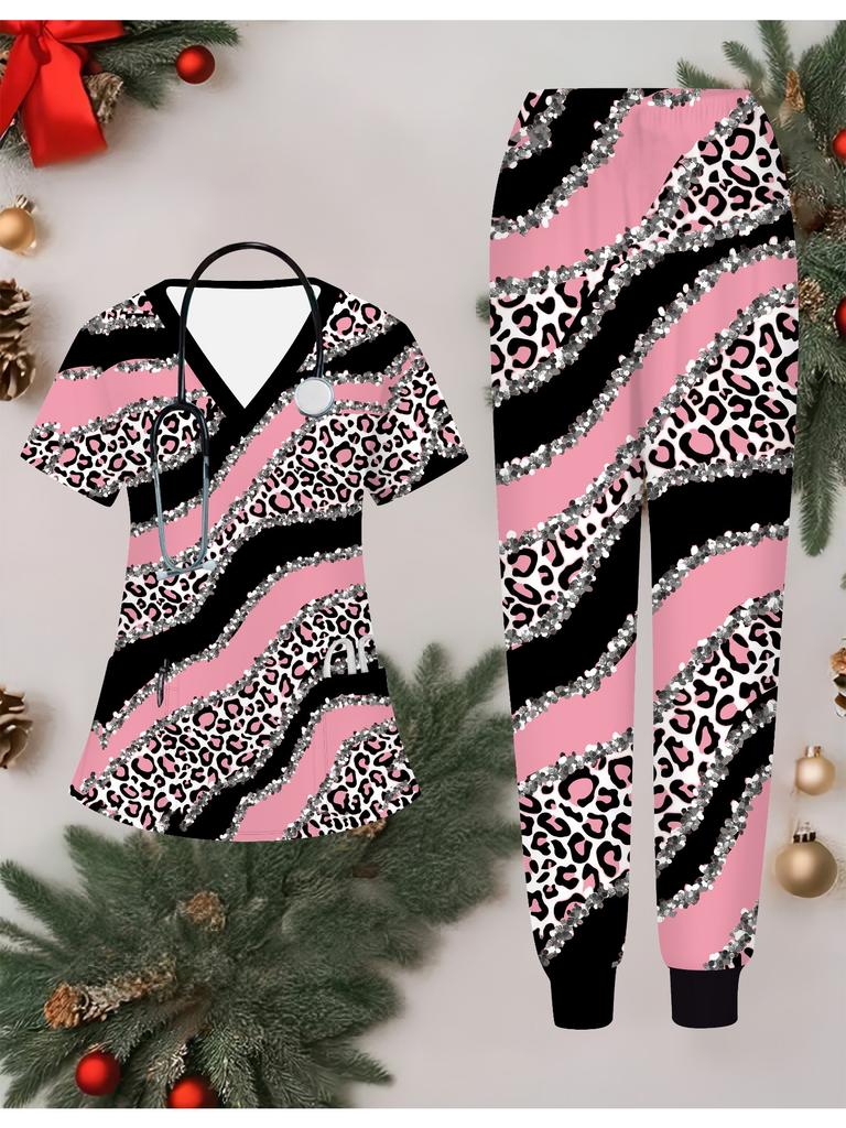 3D Butterfly Printed Women's Nurse Uniform Set Short Sleeve Long Pants with Pocket Casual Fashionable Christmas Gift