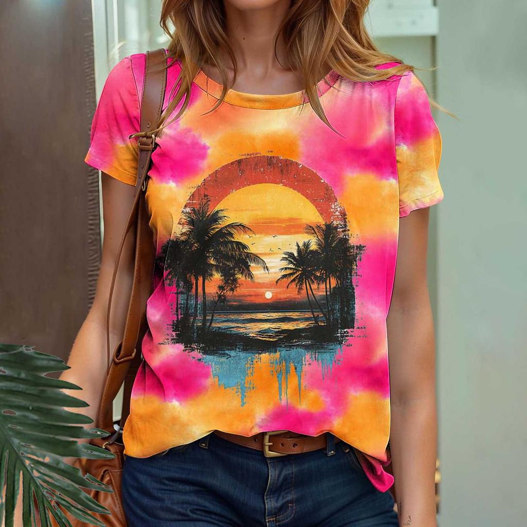 Summer Fruit Coconut Tree Gradient 3D Print Beach T-Shirts Short Sleeve O-Neck Women's T-shirts