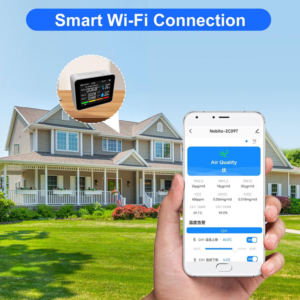 Indoor Air Quality Monitor 12 Functions WiFi Thermometer Hygrometer WiFi for Tuya Smart App with 2.8" Color Display Support Alar