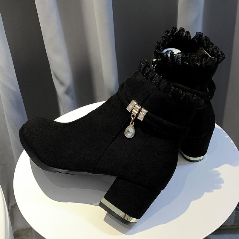 Fashion temperament Martin boots autumn and winter new mid-heel mesh black versatile matte velvet shoes women's shoes short boots