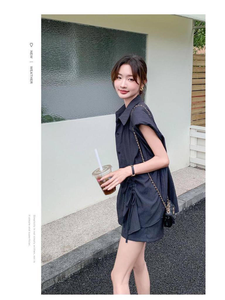 Trendy 2024 Drawstring Sleeve Shirt and Shorts Set: Stylish, Youthful, Two-Piece Casual Outfit