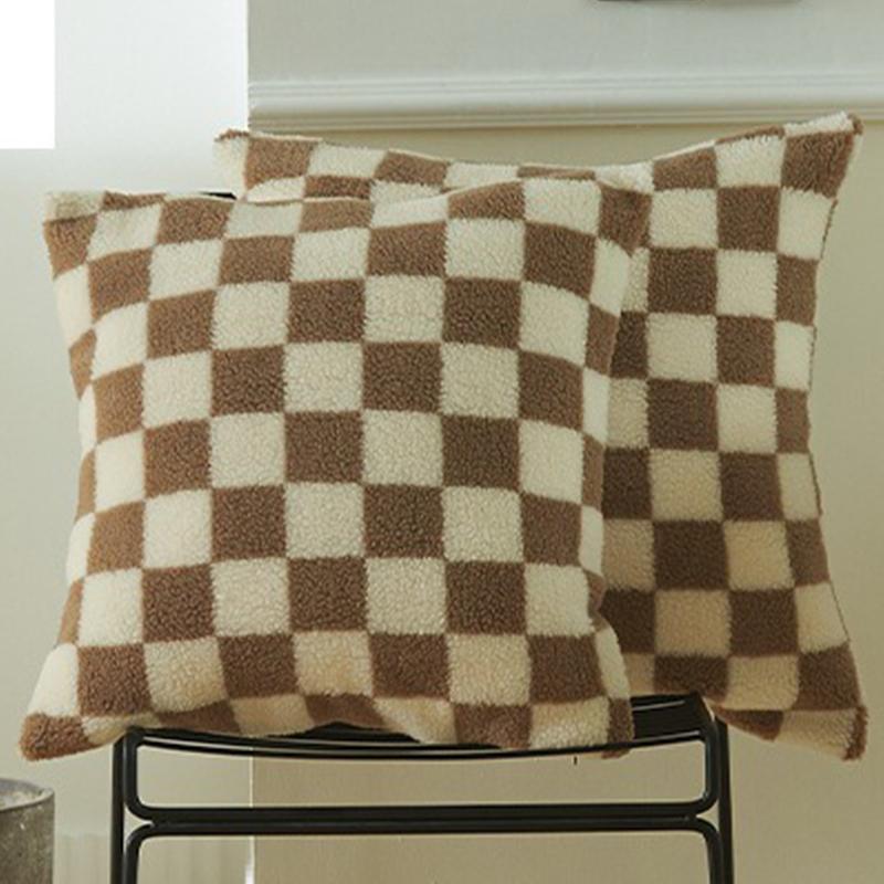 Housse de coussin jeté en laine imitation fourrure noire Housse de coussin à carreaux pour canapé salon Polyester Coussin lombaire Décoration de maison