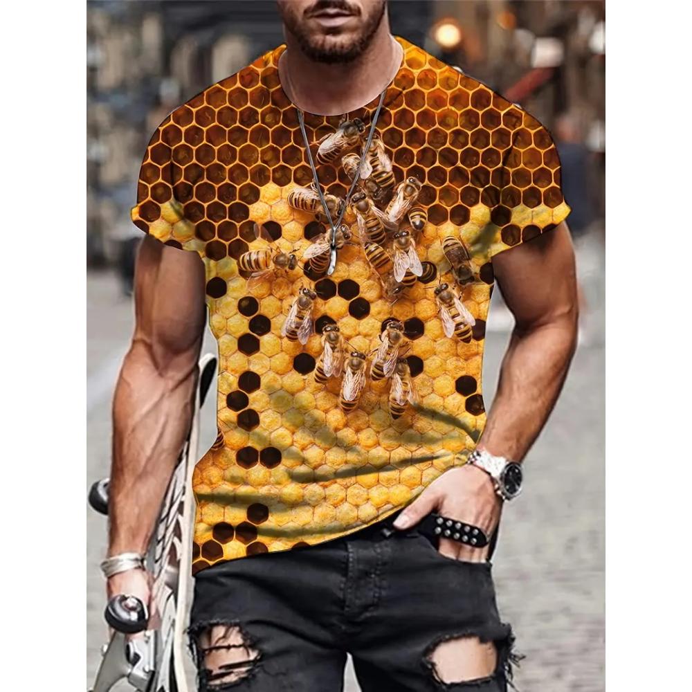 Men's Casual Honeycomb Bee Print T-Shirt Casual Round Neck Short Sleeve Tshirts Clothes New In Funny Bee Graphic T Shirts Tops