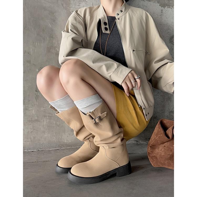 All cowhide but knee boots 2025 autumn and winter knight boots women's brown round head low heel sleeve high boots