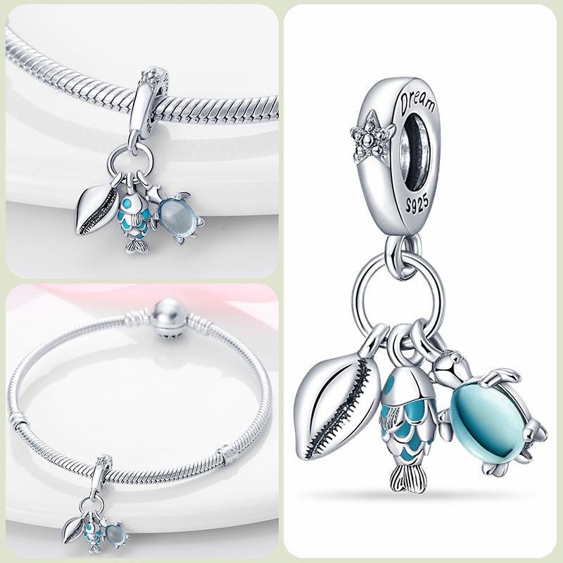 Modne koraliki zawieszki S925 ze srebra próby 925 w stylu klasycznym i romantycznym z motywem żółwia lotosu, odpowiednie do oryginalnej bransoletki DIY na prezent