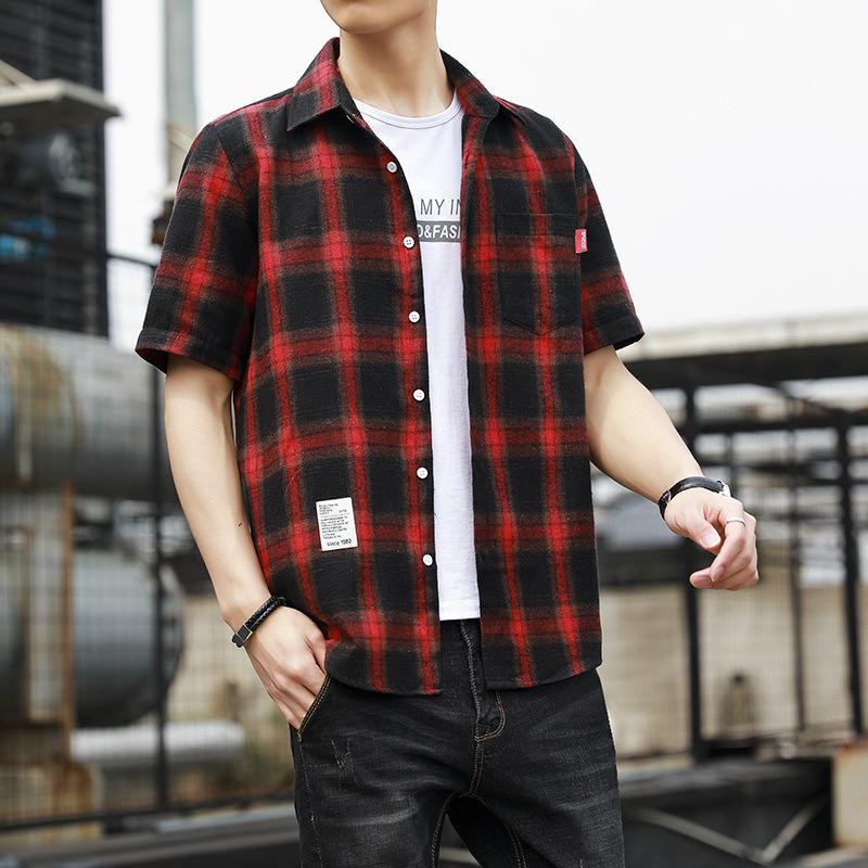 Summer Port Style Loose Lapel Men's Checkered Short-sleeved Shirt Fashion Brand Youth Casual Shirt Men's Cardigan Trend
