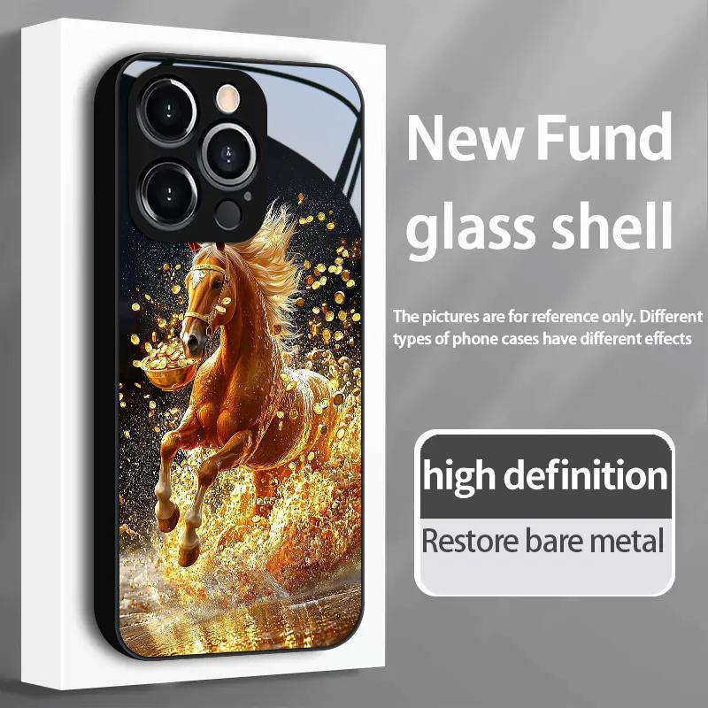 Golden Horse Delivering Wealth Features Glass phone Case for iphone 17 Air 16 15 14 13 12 11 Pro Max Plus Hard-shell