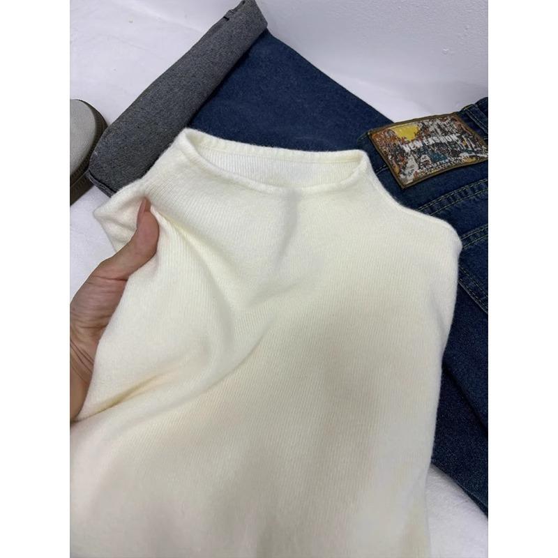 

Маленький воротник-стойка, утолщенный полуприлегающий трикотажный базовый свитер, женский осенне-зимний мягкий восковой внутренний пуловер, топ, толстый One Size белый