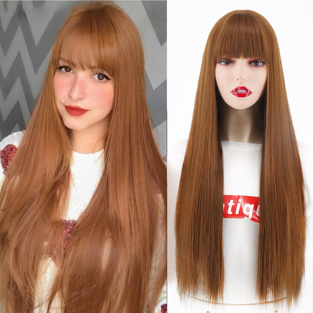 MERISIHAIR Brown Long Straight Wig with Blunt Bangs Synthetic Heat Resistant Fiber Wig for Women Daily Wear