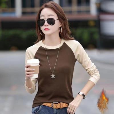 Crew Neck Long-sleeved T-shirt Women's Autumn New Double-sided Velvet Contrasting Color Slim-fitting Bottoming Shirt with Thermal Top Inside