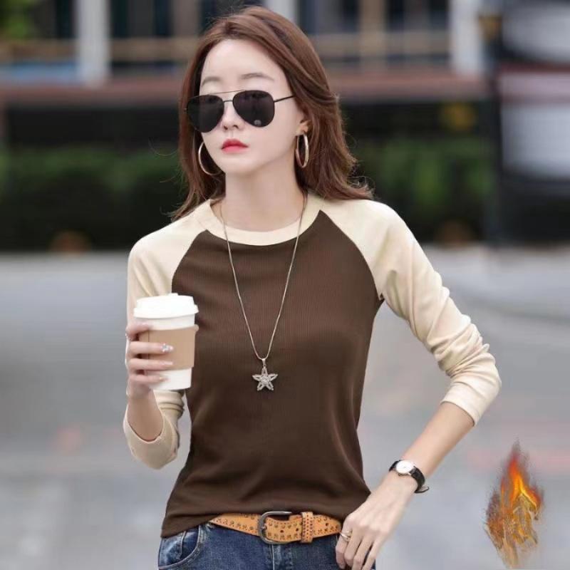 

Crew Neck Long-sleeved T-shirt Women s Autumn New Double-sided Velvet Contrasting Color Slim-fitting Bottoming Shirt with Thermal Top Inside 3XL абрикосовий