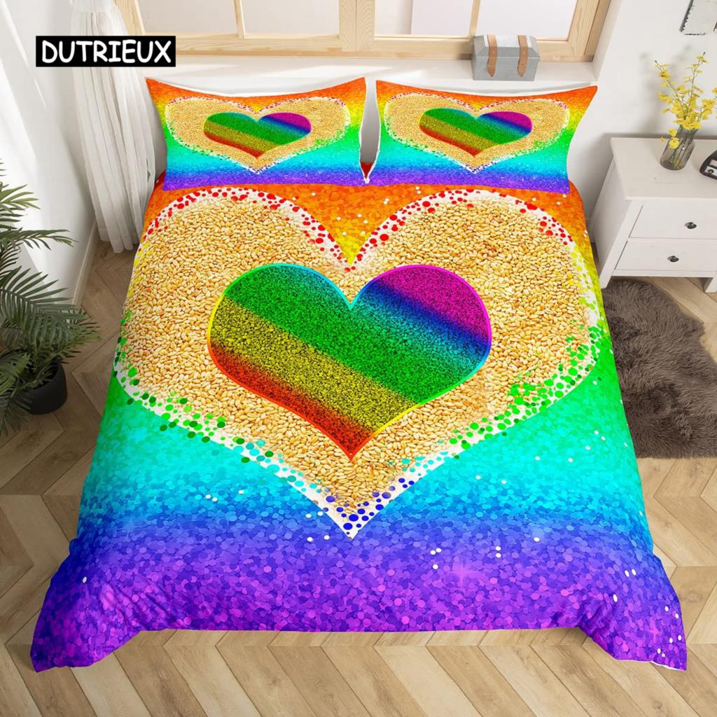 Love is Love Duvet Cover Rainbow Bedding Set Pride for Love Theme Romantic Comforter Cover Colorful Cartoon Car Bedspread Cover