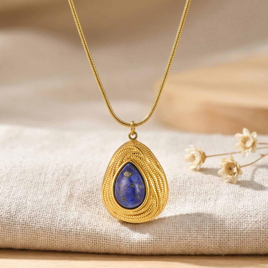 Natural Stone Necklace Stainless Steel 18K Gold Plated Geometric Tiger Eye Lapis Lazuli Pendant Women Vintage Jewelry