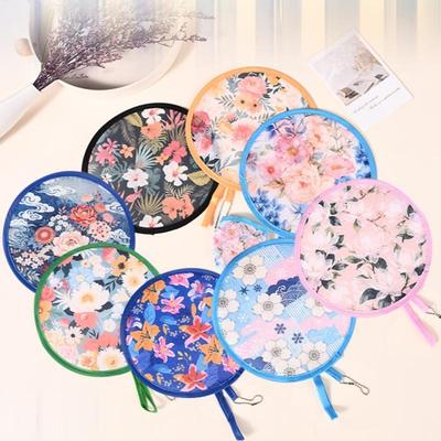 1Pcs Mini Japanese Style Folding Fan Flower Pattern With Pocket Collapsible Fan Round Handheld Fan Outdoor Activities