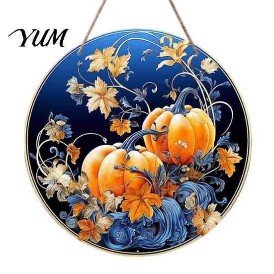 Autumn Theme Hanging Decoration Harvest Festival Welcome Sign for Front Door, Rustic Wooden Wheat Ear Ornament with Hemp Rope, Pumpkin Plaque