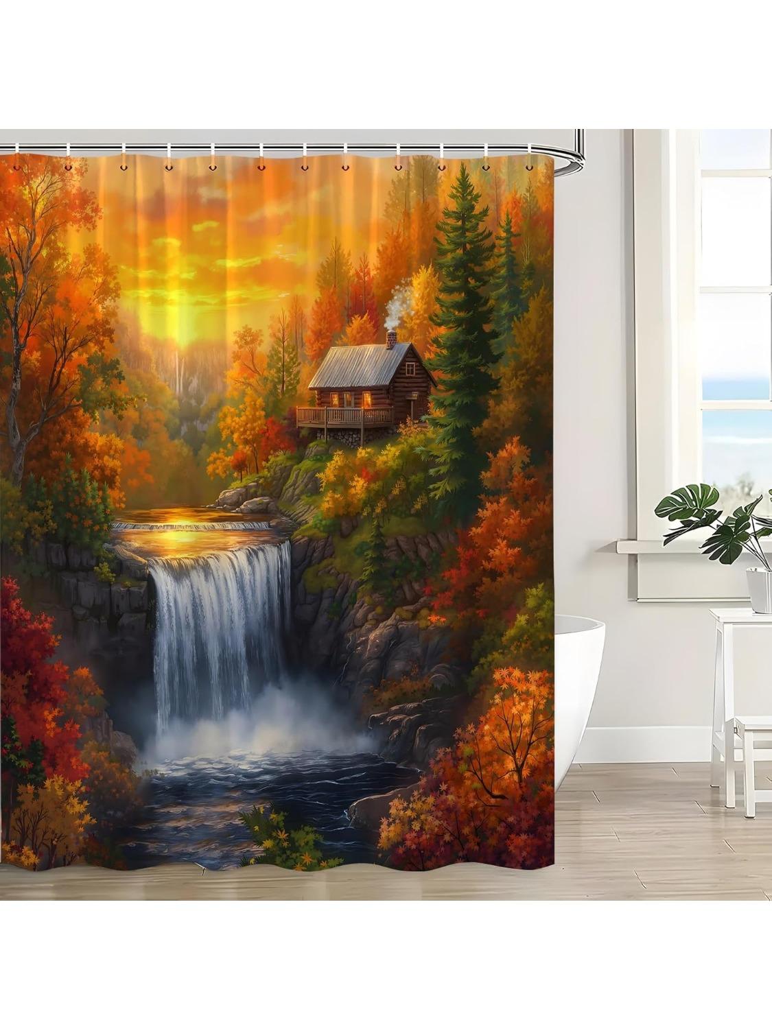 

Fall Forest Shower Curtain Autumn Nature Scenery Waterfall Orange Leaves Tree Rustic Farmhouse Cabin Lodge Country Bath Curtain W60H190(CM)-1 Pcs