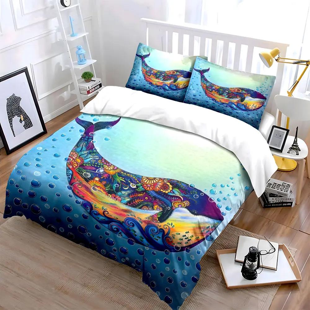 "Colorful Whale Art Three-Piece Decor" Multiple sizes kid's and adults' bedroom Exquisite 3PC bedding set gift