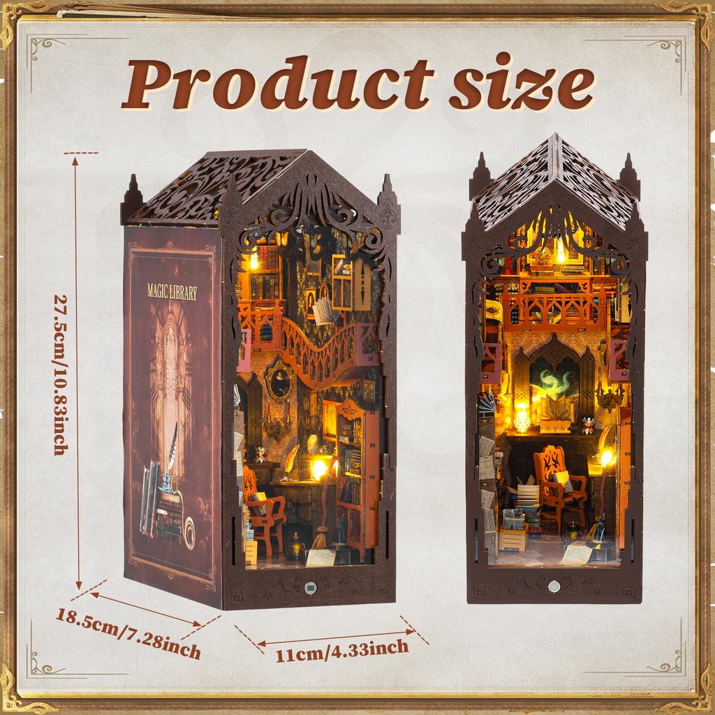 Mini Doll House DIY Book Nook Kit Handmade 3D Puzzle Model Bookshelf Insert Decor with Light Magic Library Wooden Craft Birthday