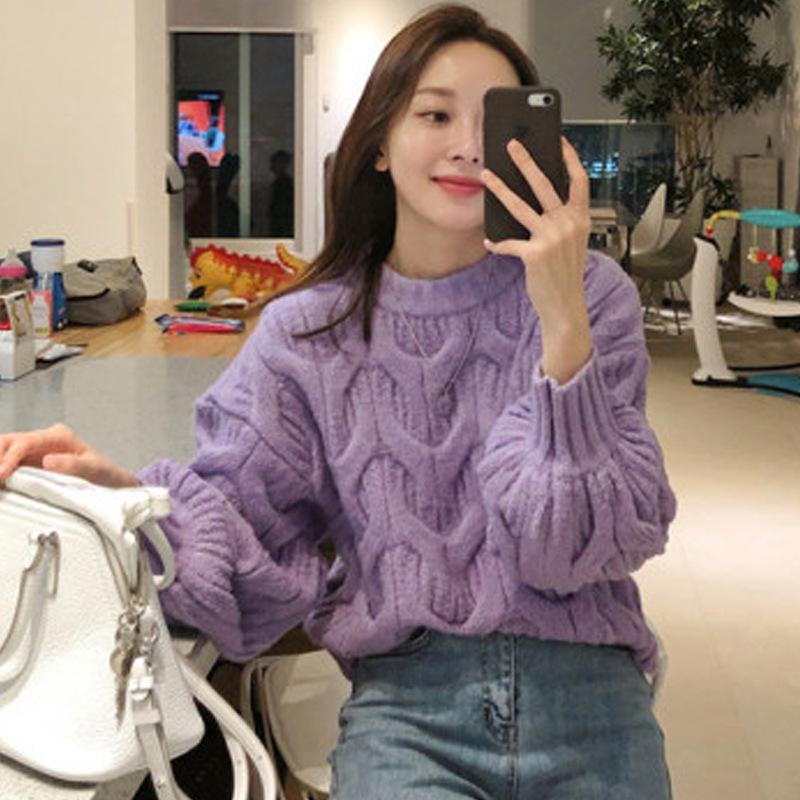 Women's Lantern Sleeve Cable Knit Cardigan - Autumn/Winter Korean Loose Style Sweater