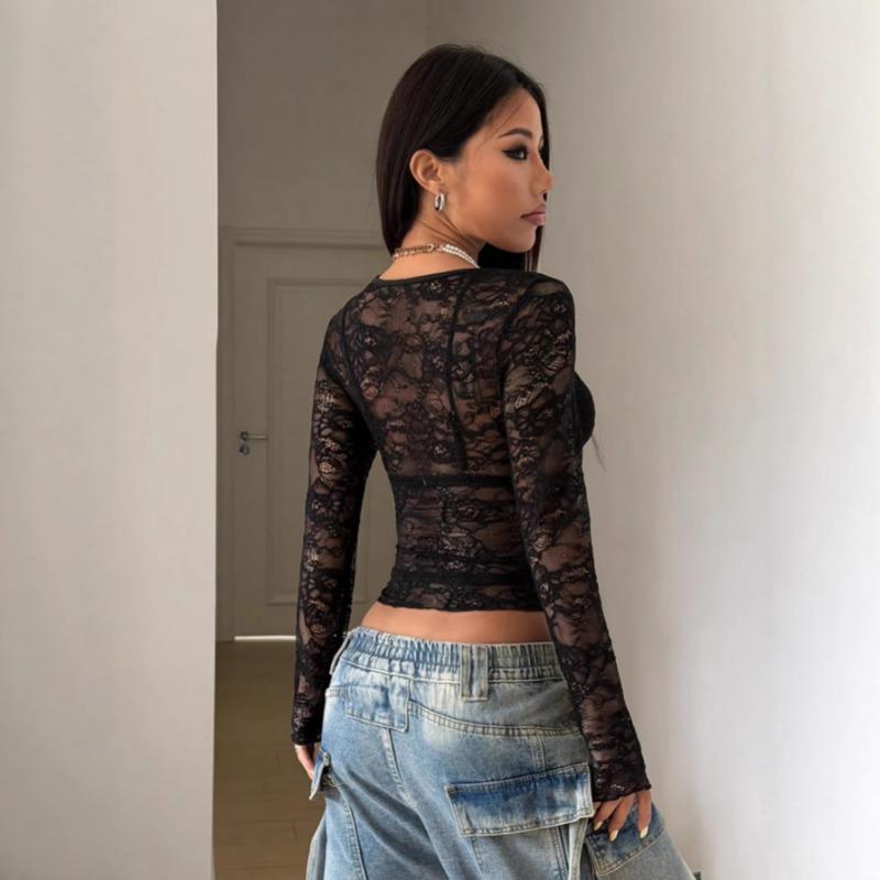Women See-through Lace Sexy Thin Blouse Women 2026 Fashion New Spring Y2k Black T-shits Autumn Slim Fit Tee Elegant Pullover Crop Top