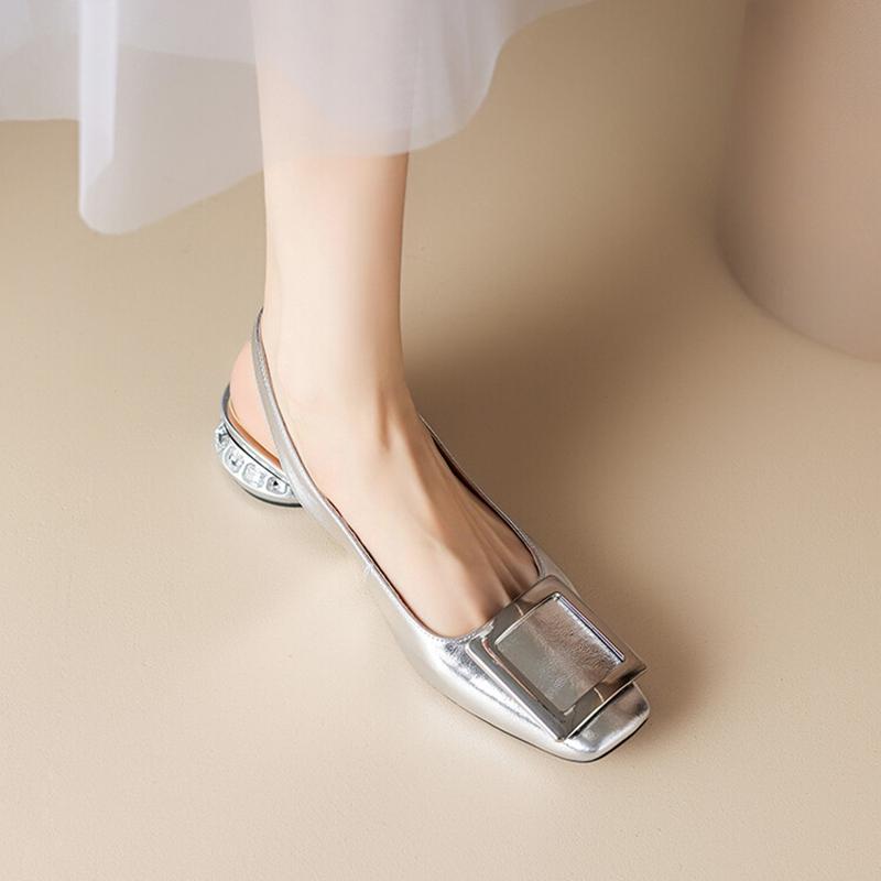 Fashion Summer Women Sandals Patent Leather Shoes for Women Square Toe Chunky Heel Shoes Sweet Cover Toe Slingback Sandals Buckle Shoes