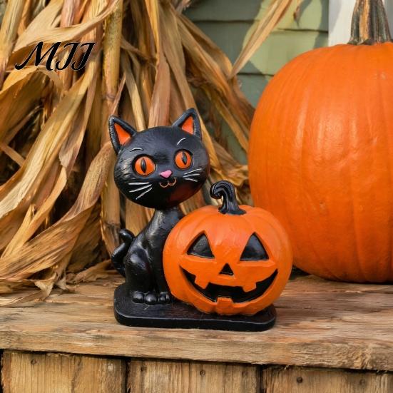Unique Seasonal Home Ornaments Halloween Black Cat Pumpkin Skull Resin Statue, Cute Decoration for Exquisite Three Dimensional Crafts Indoor