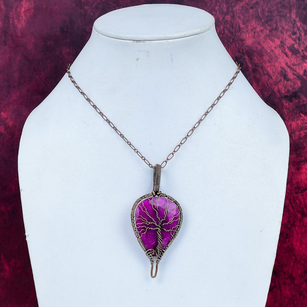 Tree Of Life Faceted Kashmir Ruby Pendant Copper Wire Wrapped Gemstone Jewelry