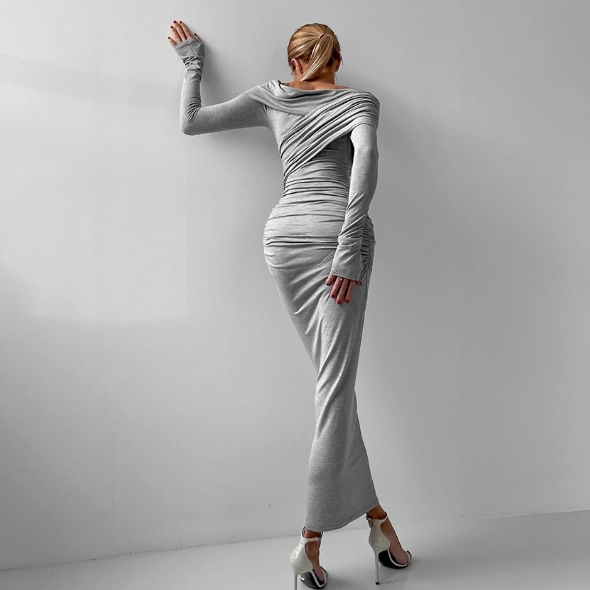 

Элегантные Модные Сексуальные Макси Платья Уличная Одежда С Открытыми Плечами Повседневные С Длинным Рукавом Облегающие Вечерние Платья Женские S серый