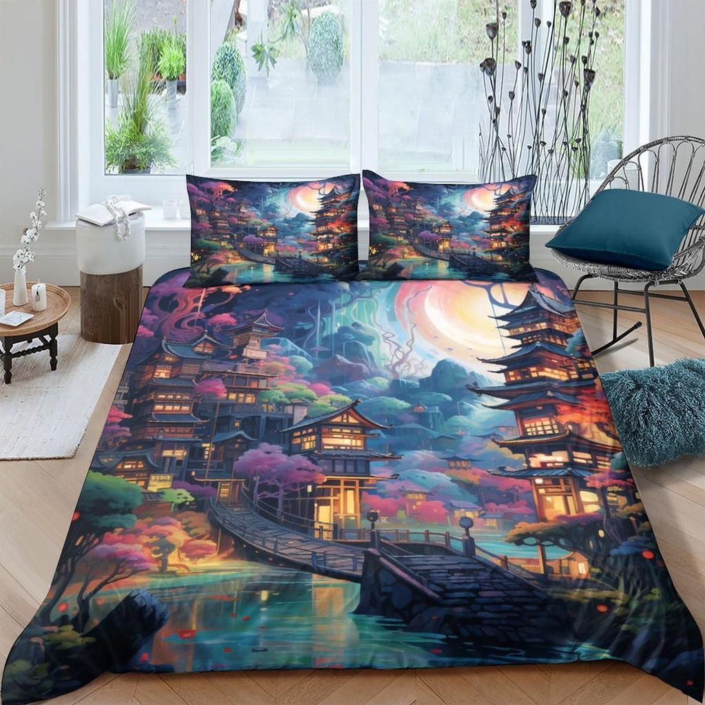 Ancient Chinese Architecture Duvet Cover for Teens Adults Quilt Covers Lightweight Down 2 Pillowcases 1 Duvet Cover No Comforter