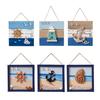 Wood Beach Framed Wall Art Coastal Ocean Theme Wall Hanging Sign with Steer Wheel Conch Sailboat for Bathroom Bedroom Living Room Decor
