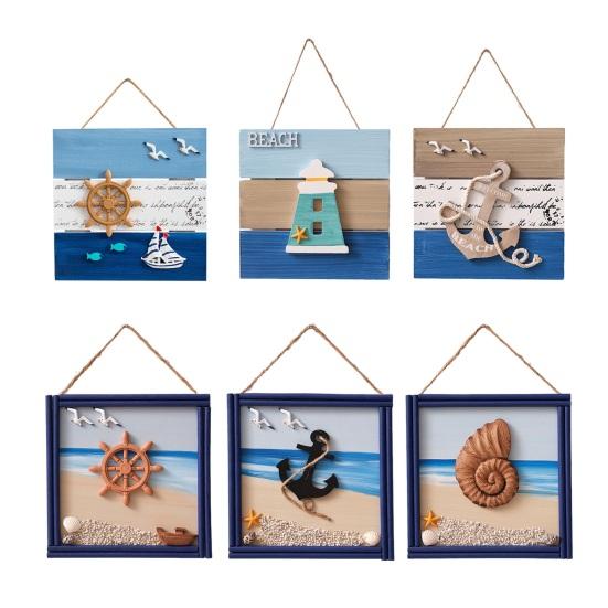 Wood Beach Framed Wall Art Coastal Ocean Theme Wall Hanging Sign with Steer Wheel Conch Sailboat for Bathroom Bedroom Living Room Decor